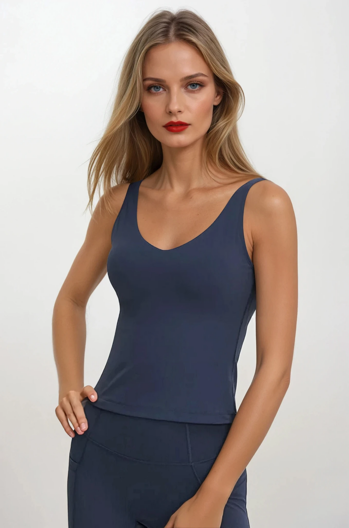 Black studio v-neck tank with built-in bra-solid-color-activewear