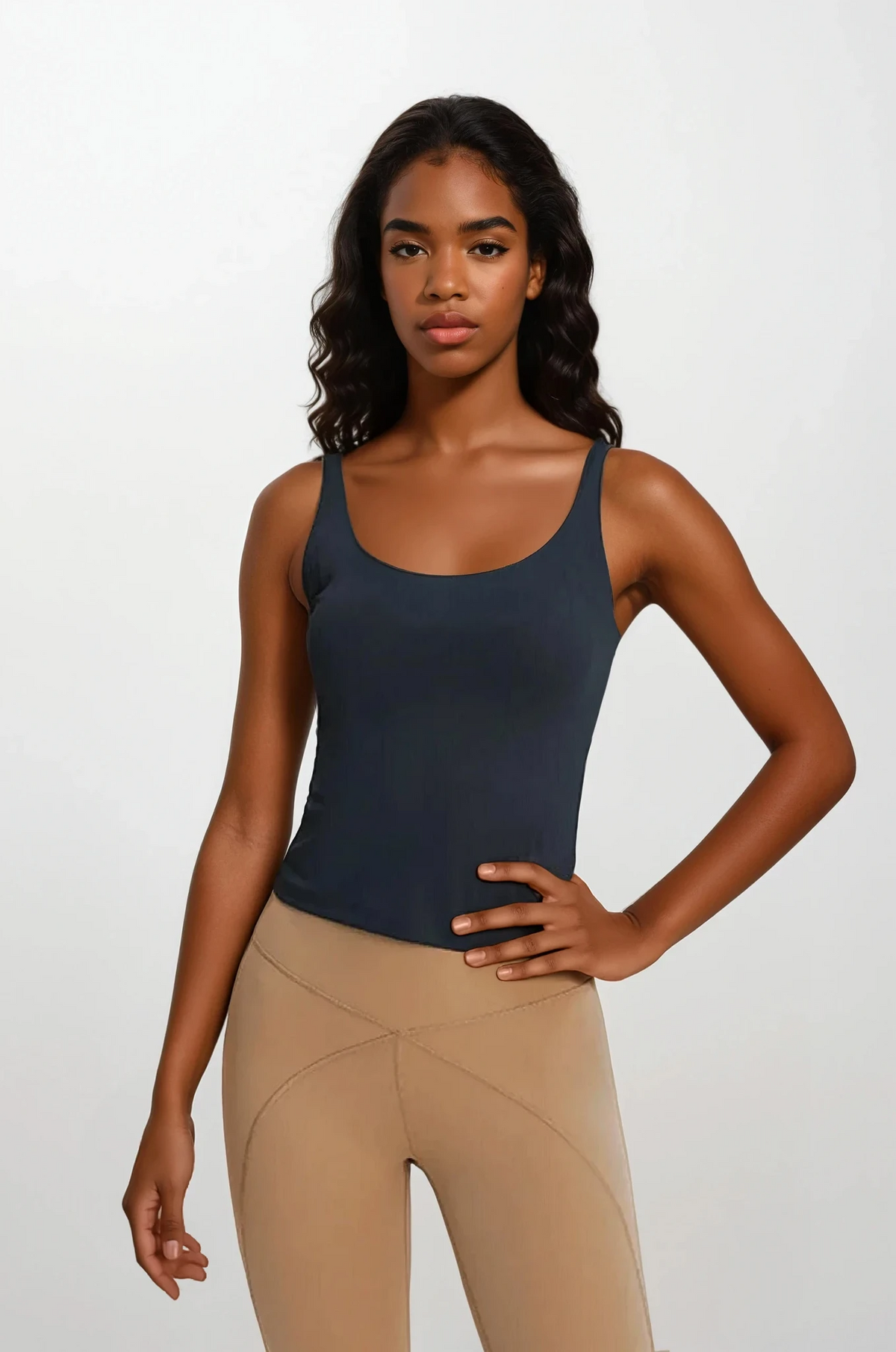 Black studio v-neck tank with built-in bra-solid-color-activewear