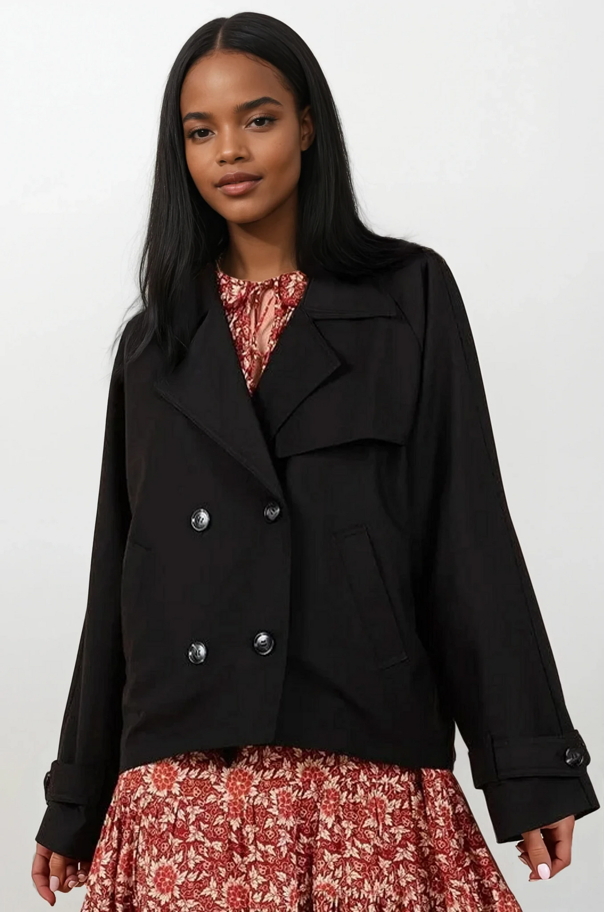 Suave trench coat jacket with double-breasted front and long sleeves
