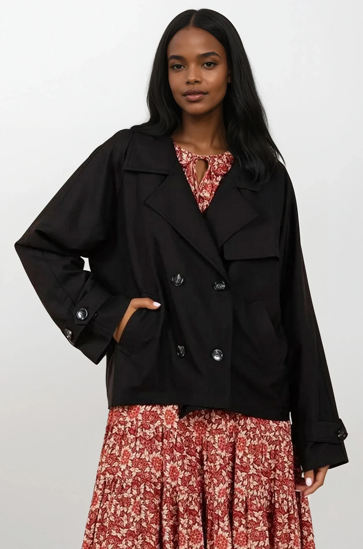 Suave trench coat jacket with double-breasted front and pockets
