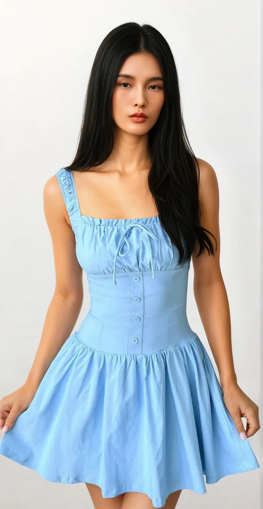 Sweetheart square neck cami dress with buttons and ruching