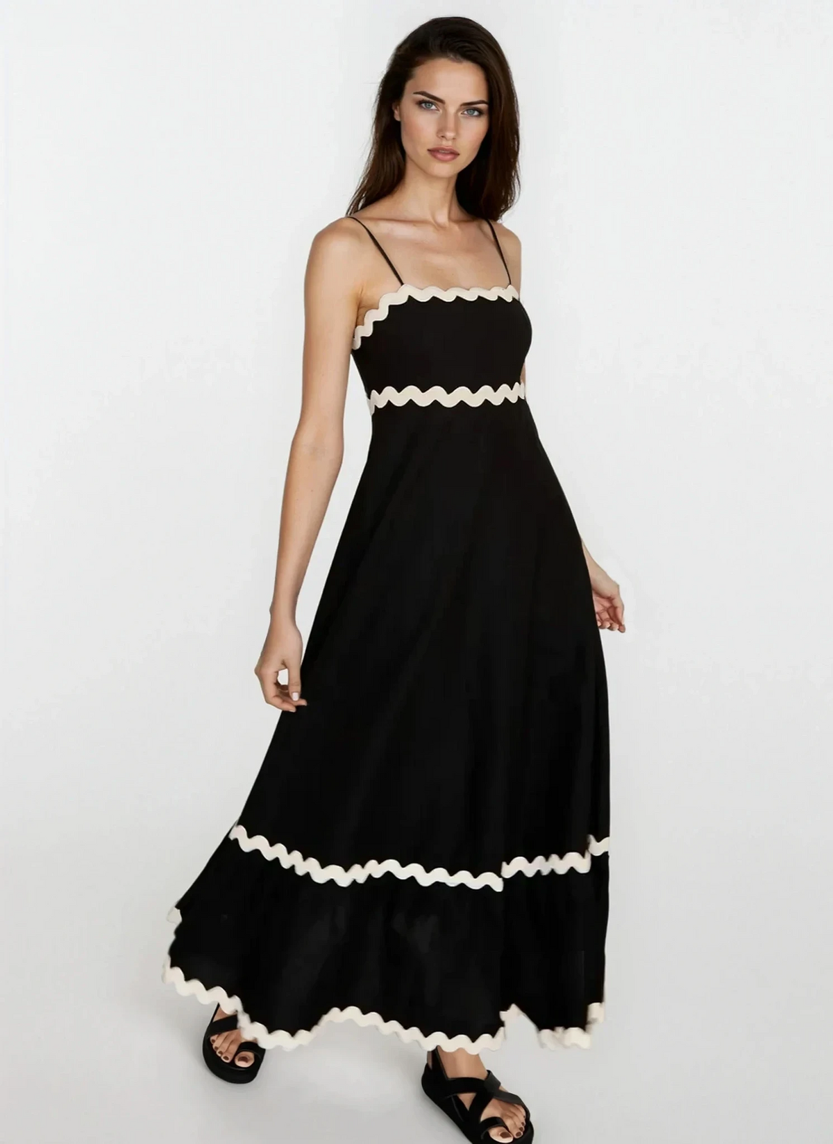 Tidal spaghetti strap maxi dress with lightweight drape and sleeveless design