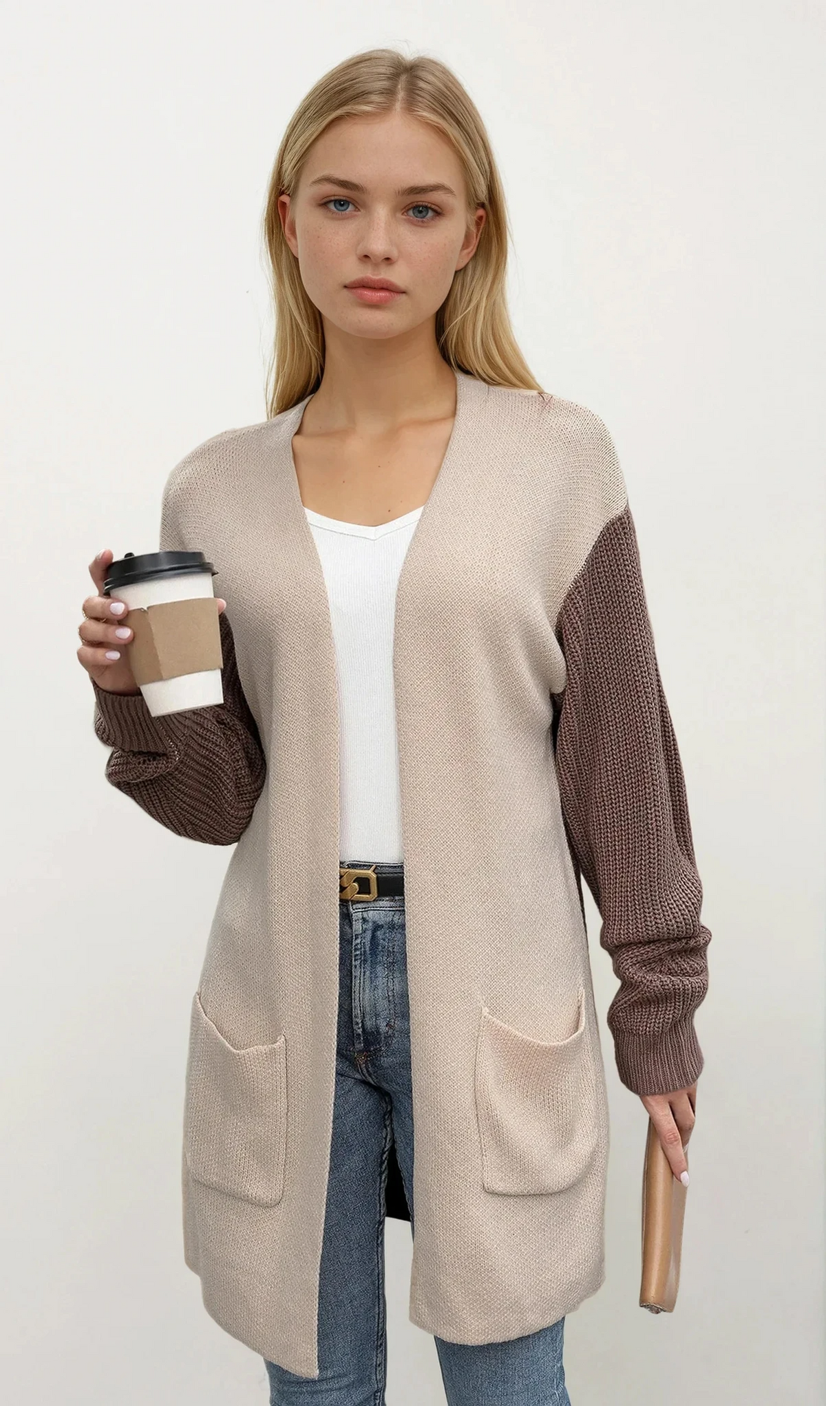 Tones longline cardigan with color-blocking and pockets