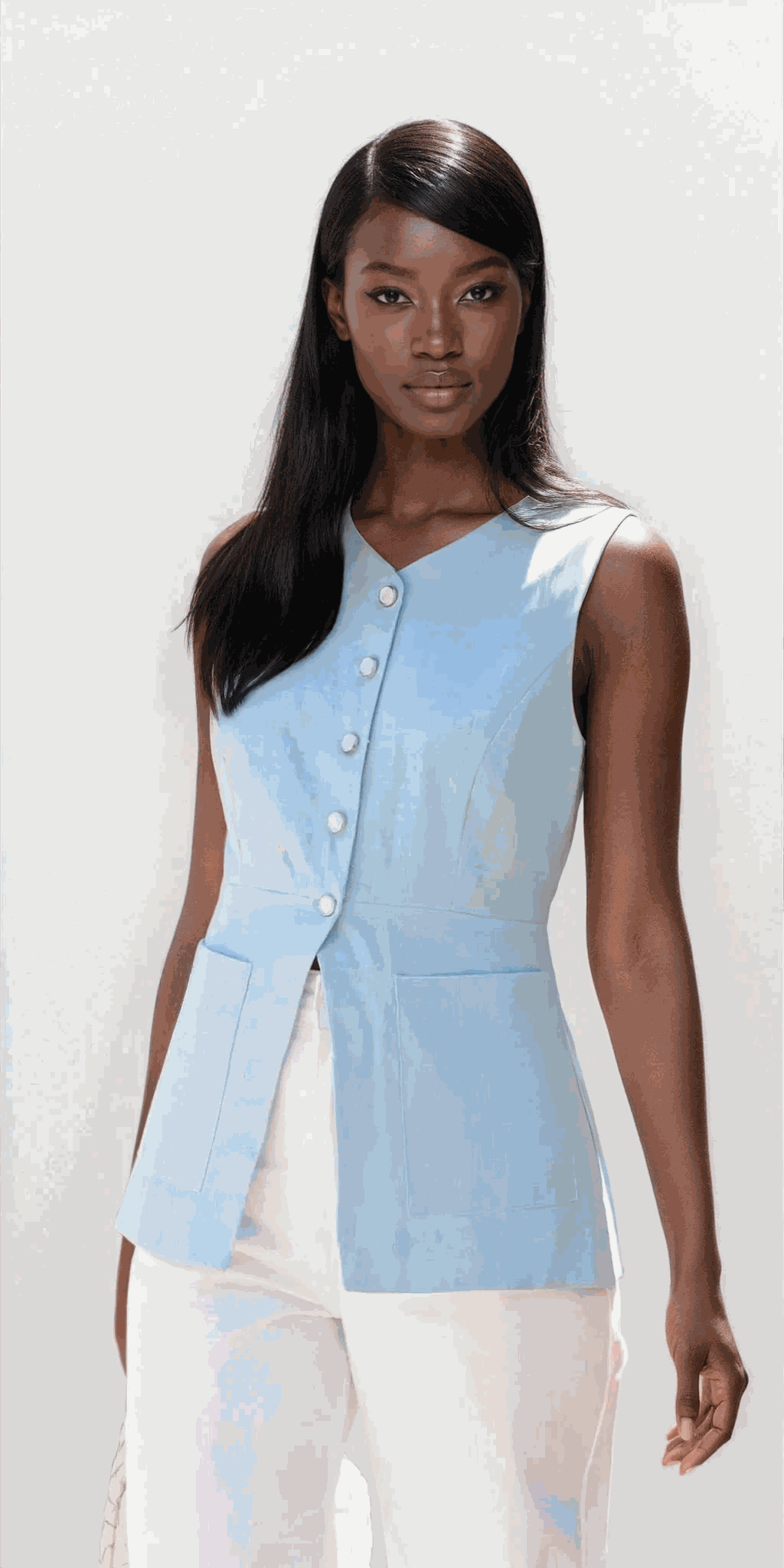 Trace sleeveless v-neck button-down vest with pockets and solid pattern