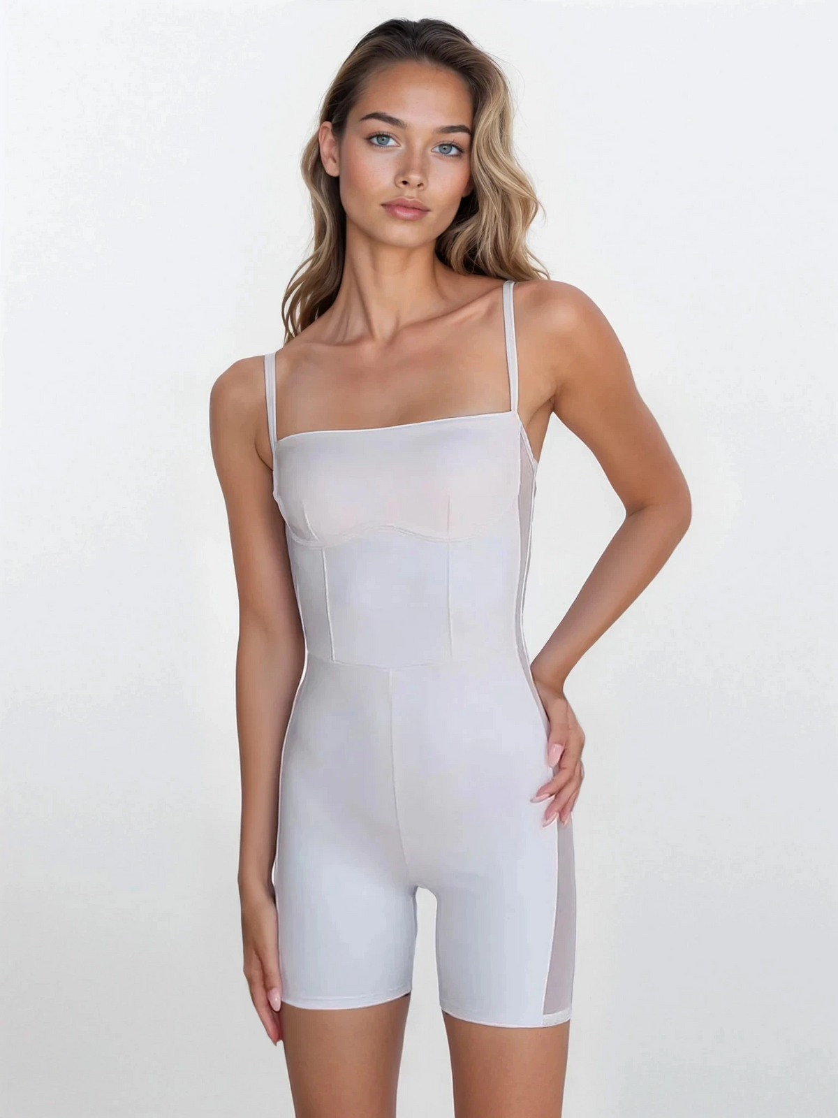 Tranquility mesh onesie with spaghetti straps and semi-sheer fabric