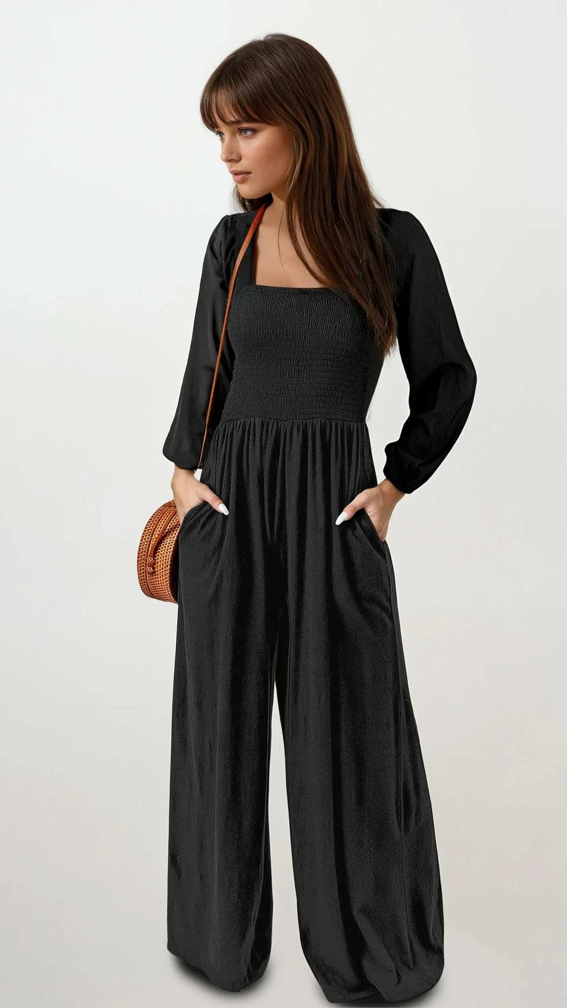 Black Unwind Square Neck Raglan Sleeve Jumpsuit by Trendsi, shown on a model with a fitted waist and stylish, casual design.