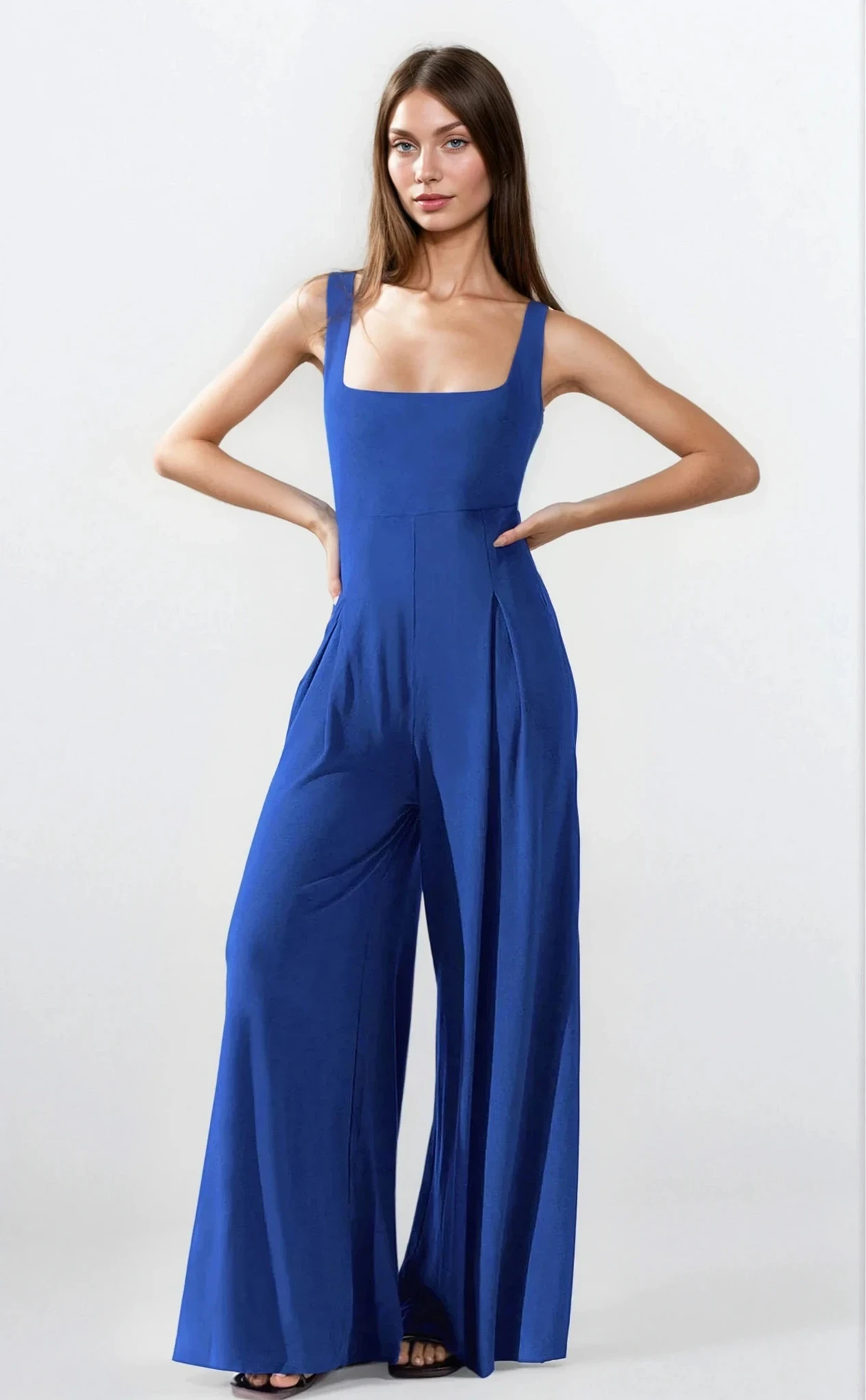 Camel Cosmopolitan square neck wide strap jumpsuit by Trendsi, stylish sleeveless clothing with a fitted waist and wide leg design.