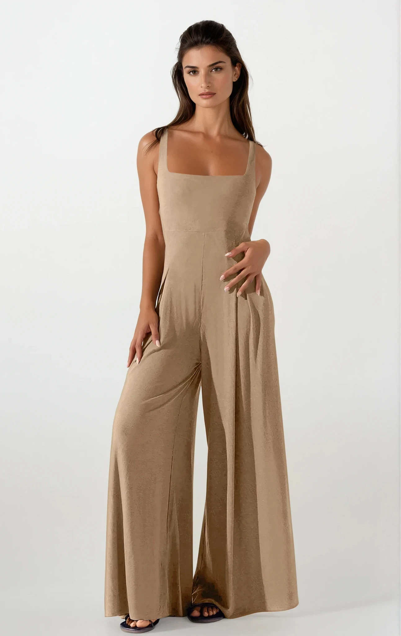 Camel Cosmopolitan square neck wide strap jumpsuit by Trendsi, stylish women's clothing with a fitted square neckline and wide straps.