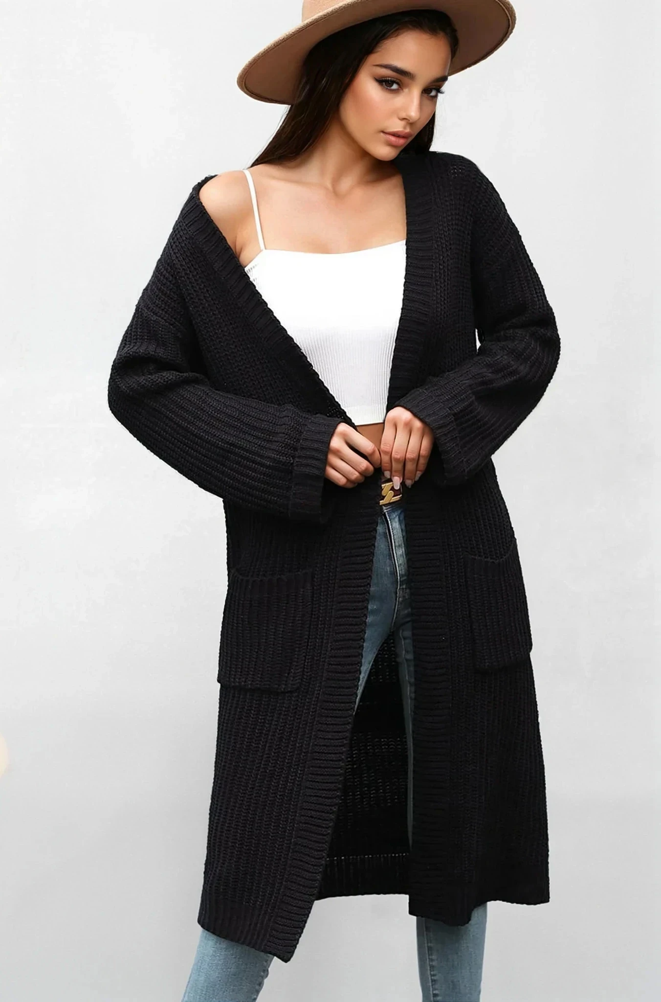 Cream Vogue open front cardigan by Trendsi, featuring a soft knit fabric and relaxed fit, ideal for casual layering.