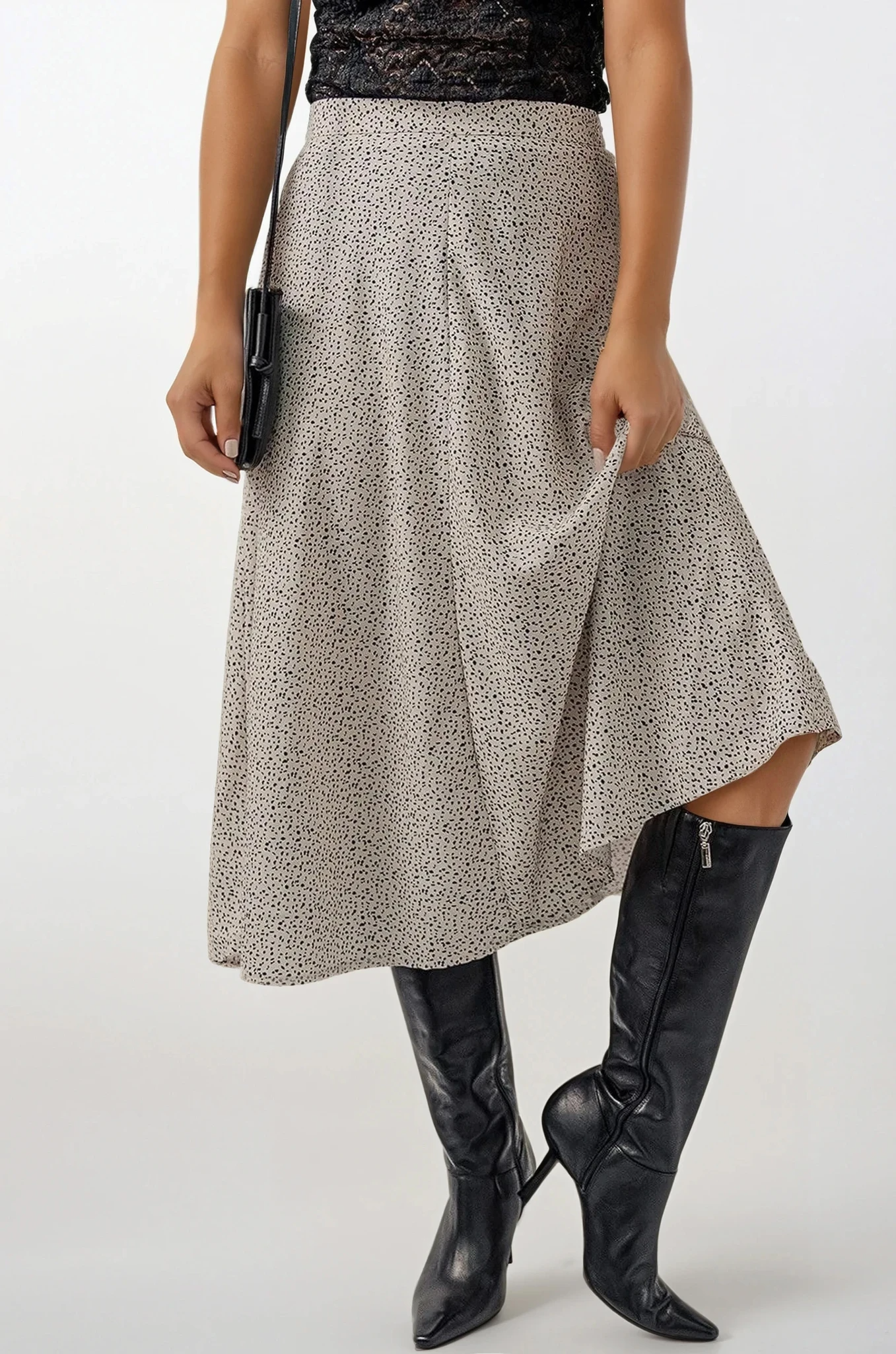 Heather gray Speckle high-waist midi skirt from Trendsi, showcasing its stylish design and comfortable fit.