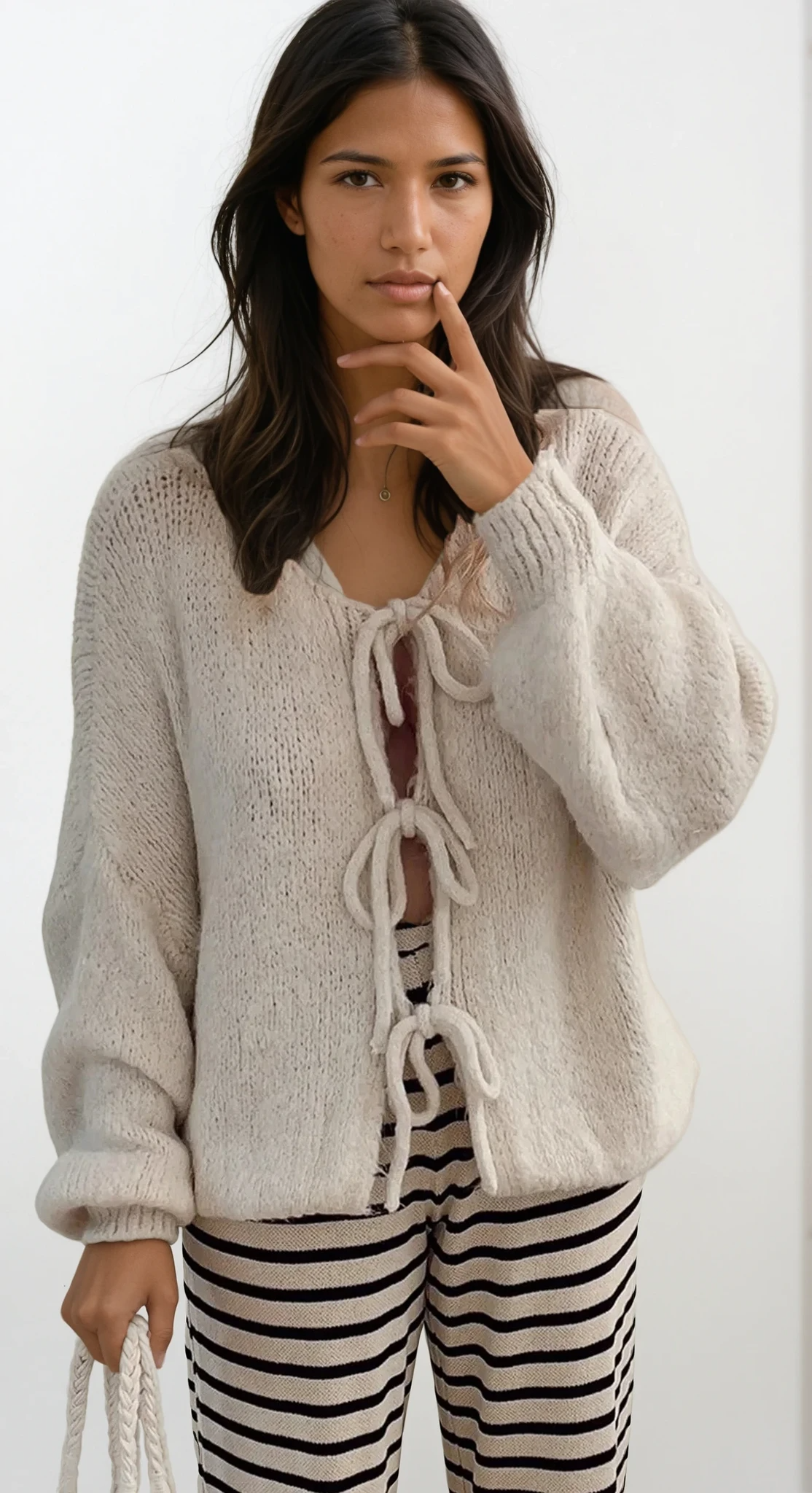 Triple tied cardigan with adjustable ties and solid pattern