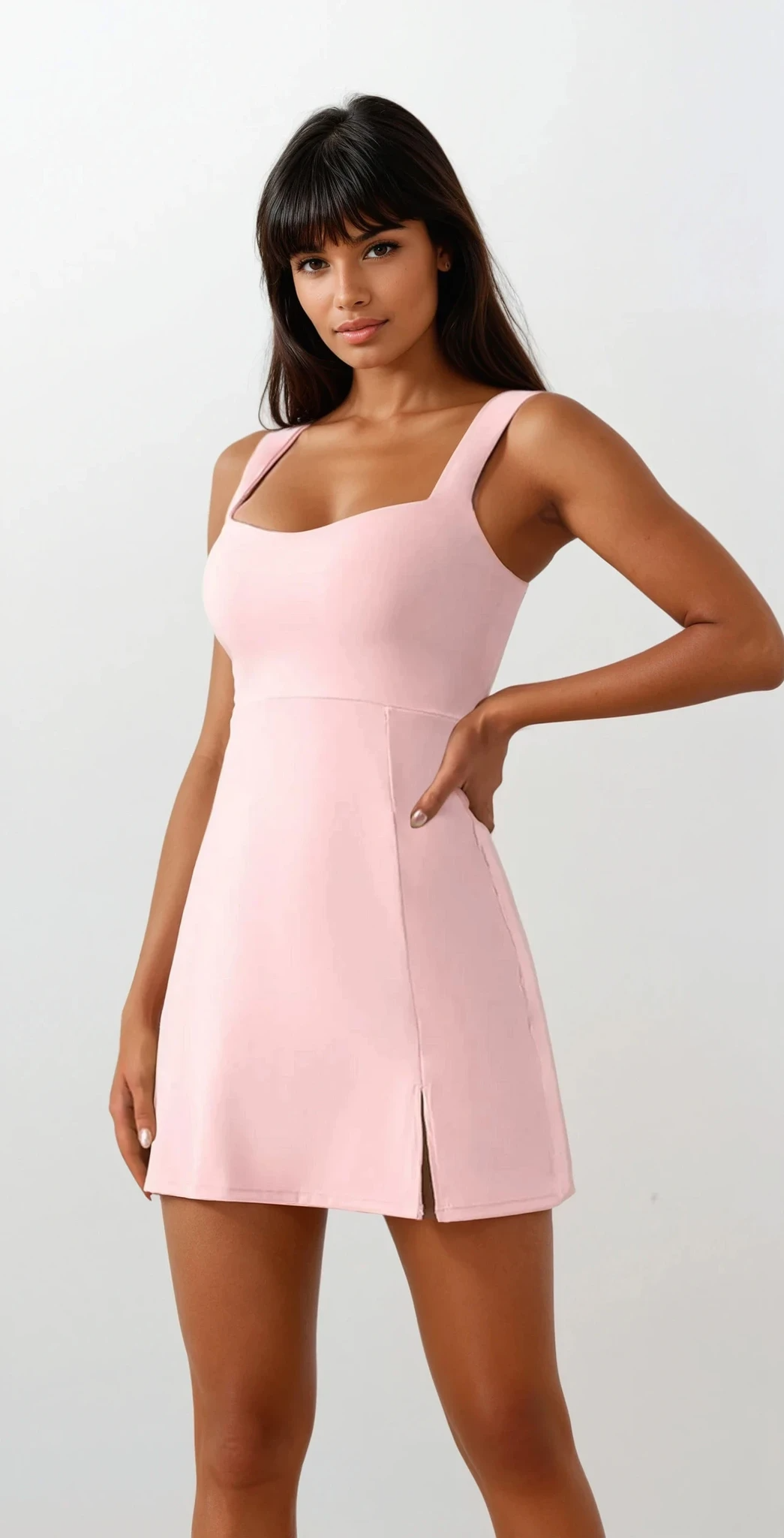 Triumph Square neck slit tennis dress with dramatic leg slit and mini length