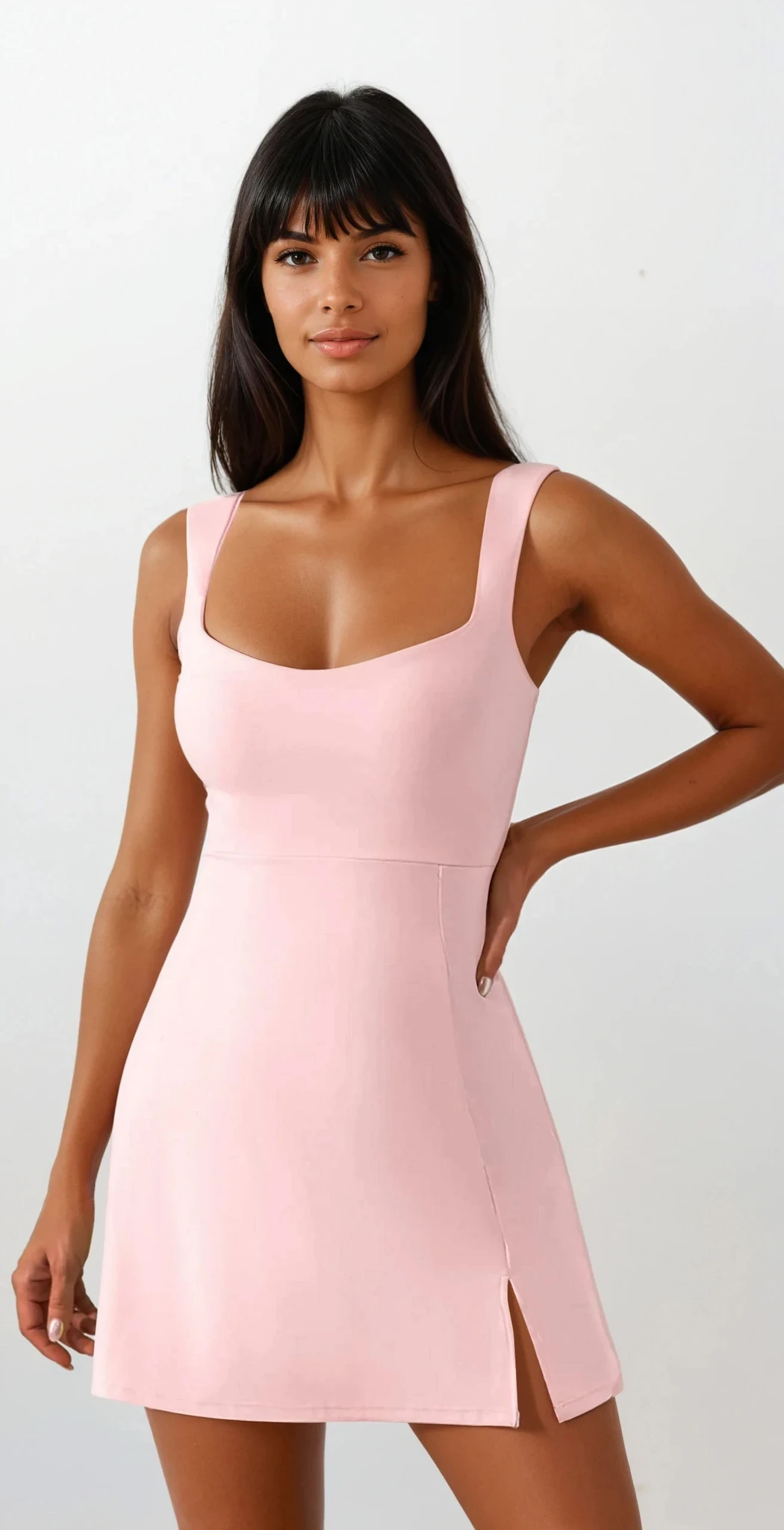 Triumph Square neck slit tennis dress in solid color with mini length