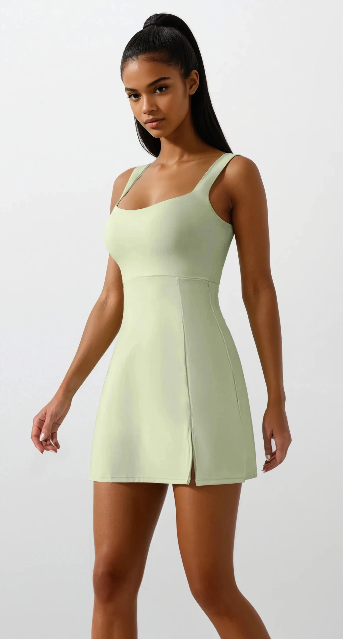Triumph Square neck slit tennis dress in solid color with mini length
