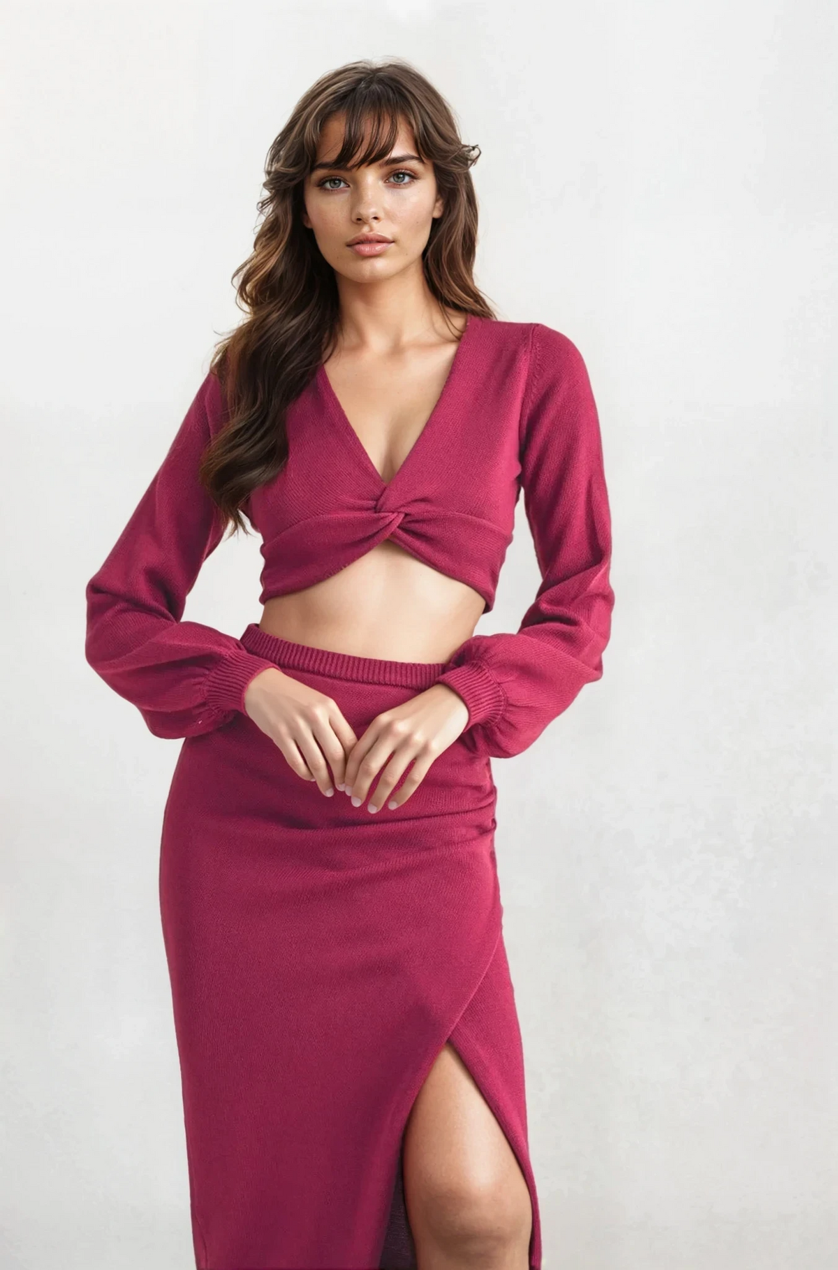 Twister v-neck knit top and high-waist slit midi skirt set