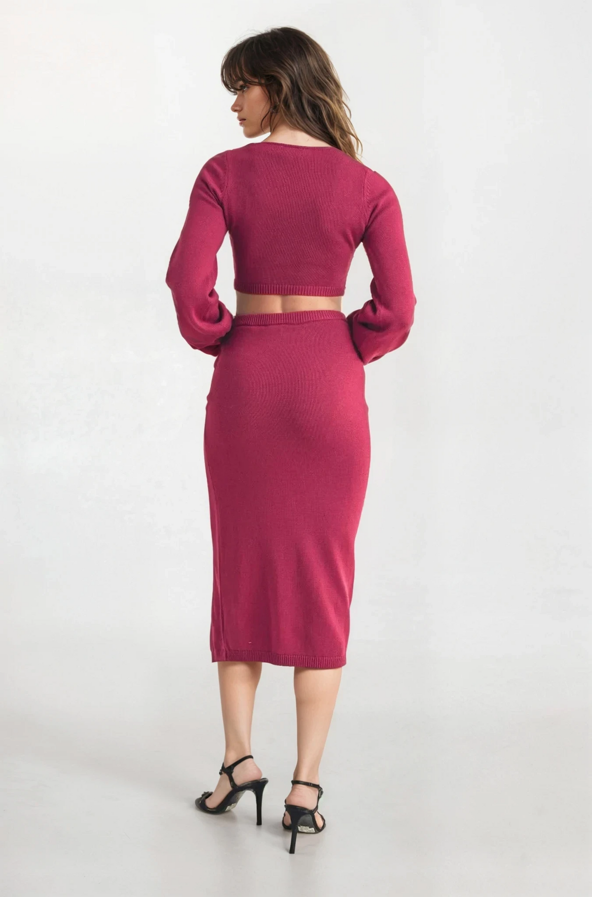 Twister v-neck knit top and high-waist slit midi skirt set