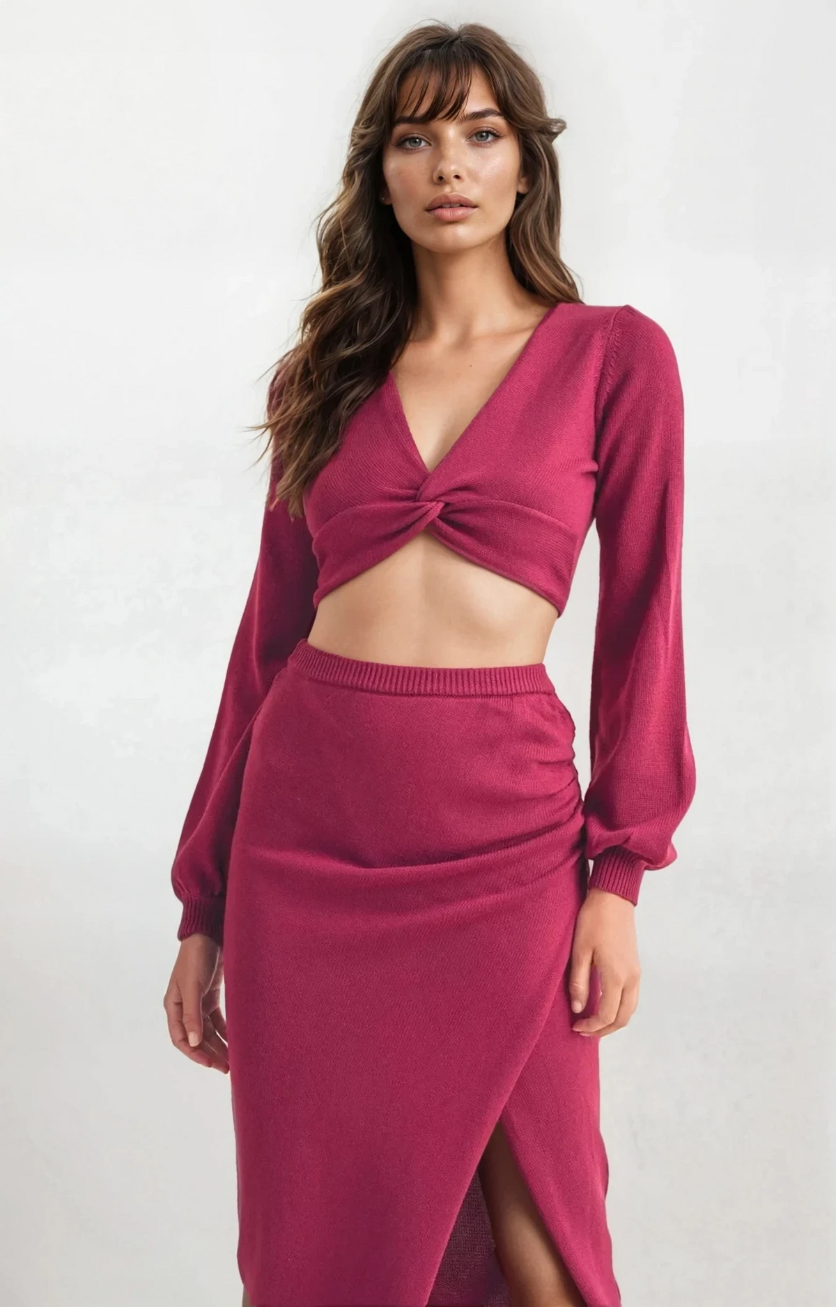 Twister v-neck knit top and high-waist slit midi skirt set