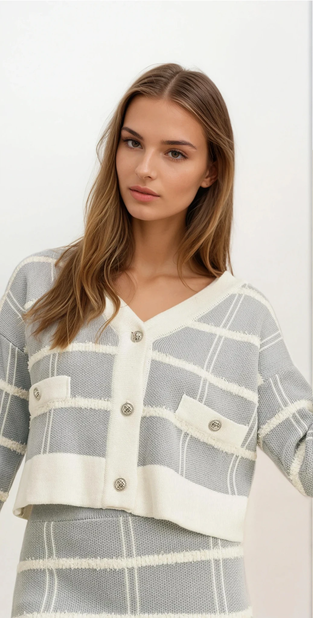 Uptown plaid button-down sweater cardigan and slit mini skirt set outfit