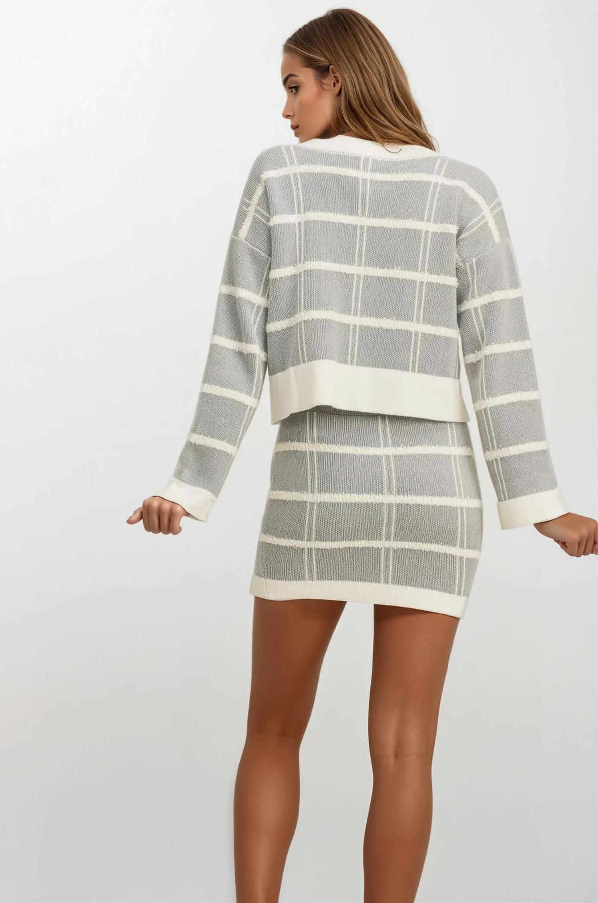 Uptown plaid button-down sweater cardigan with slit mini skirt set