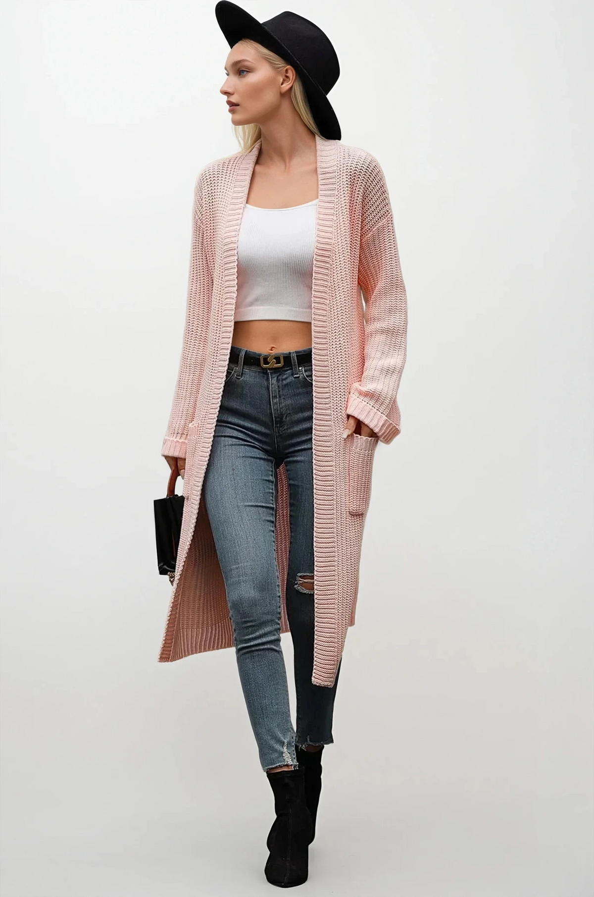 Vogue open front cardigan with pockets and dropped shoulders