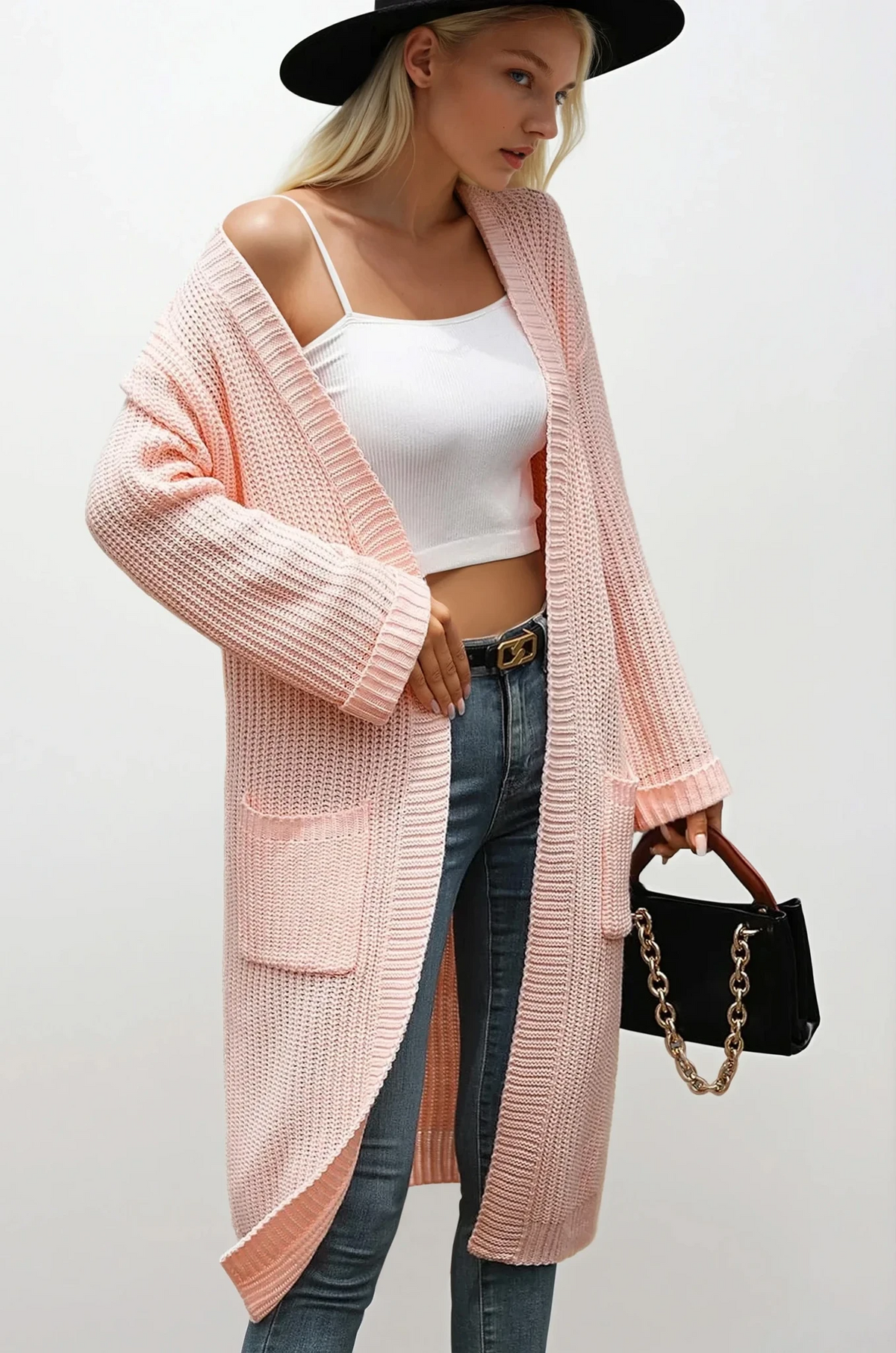 Vogue open front cardigan with pockets and dropped shoulders