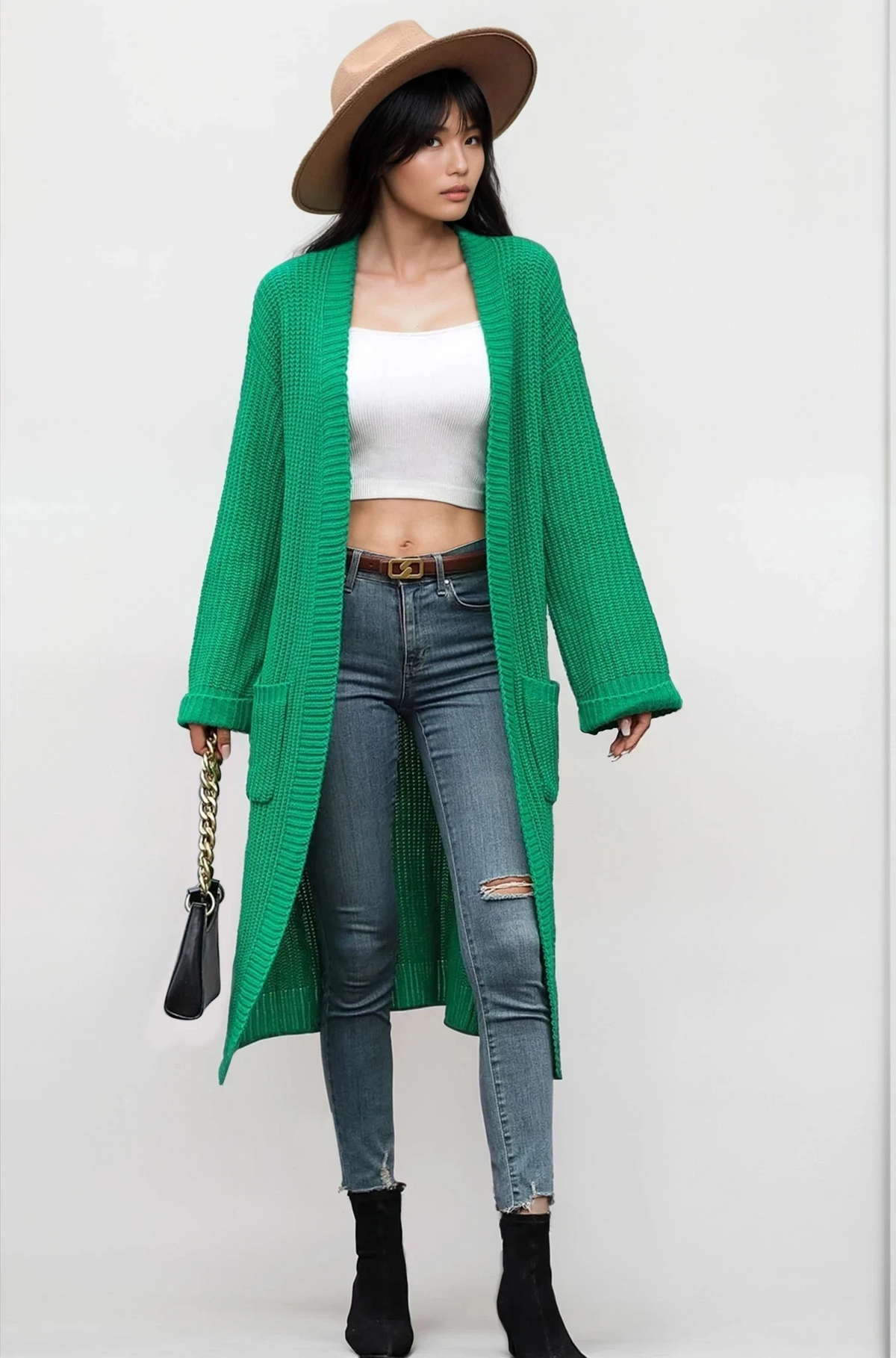 Vogue open front cardigan with pockets and dropped shoulders