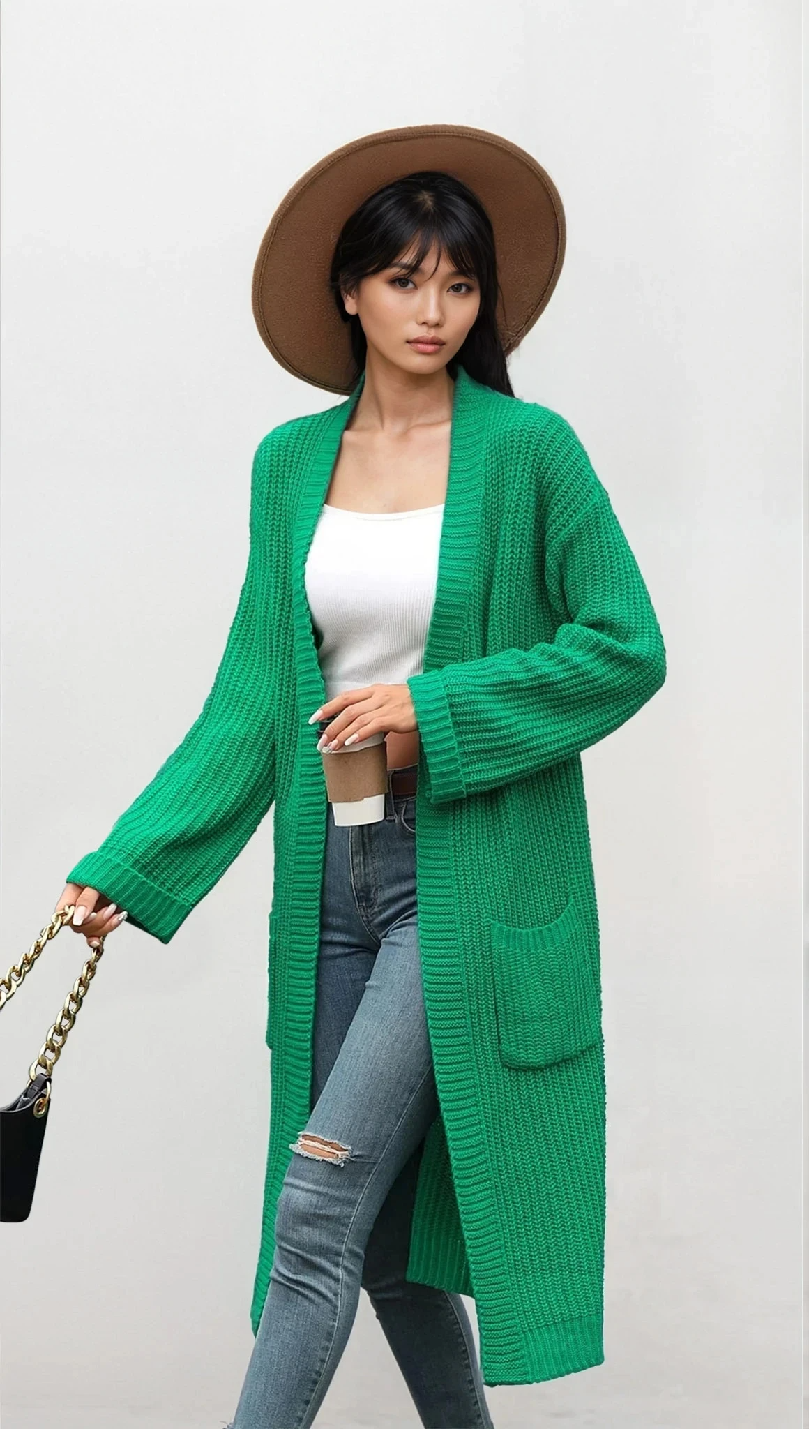 Vogue open front cardigan with pockets and dropped shoulders