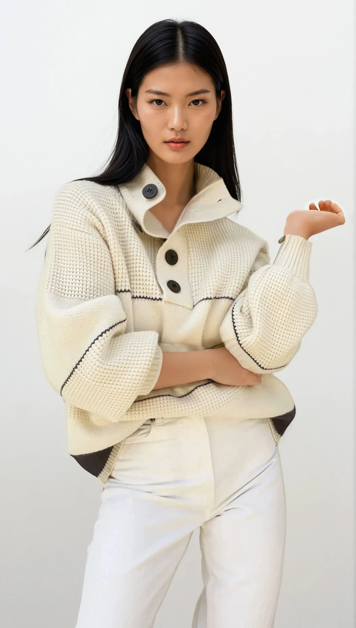 Waffle-knit half button long sleeve sweater with striped pattern
