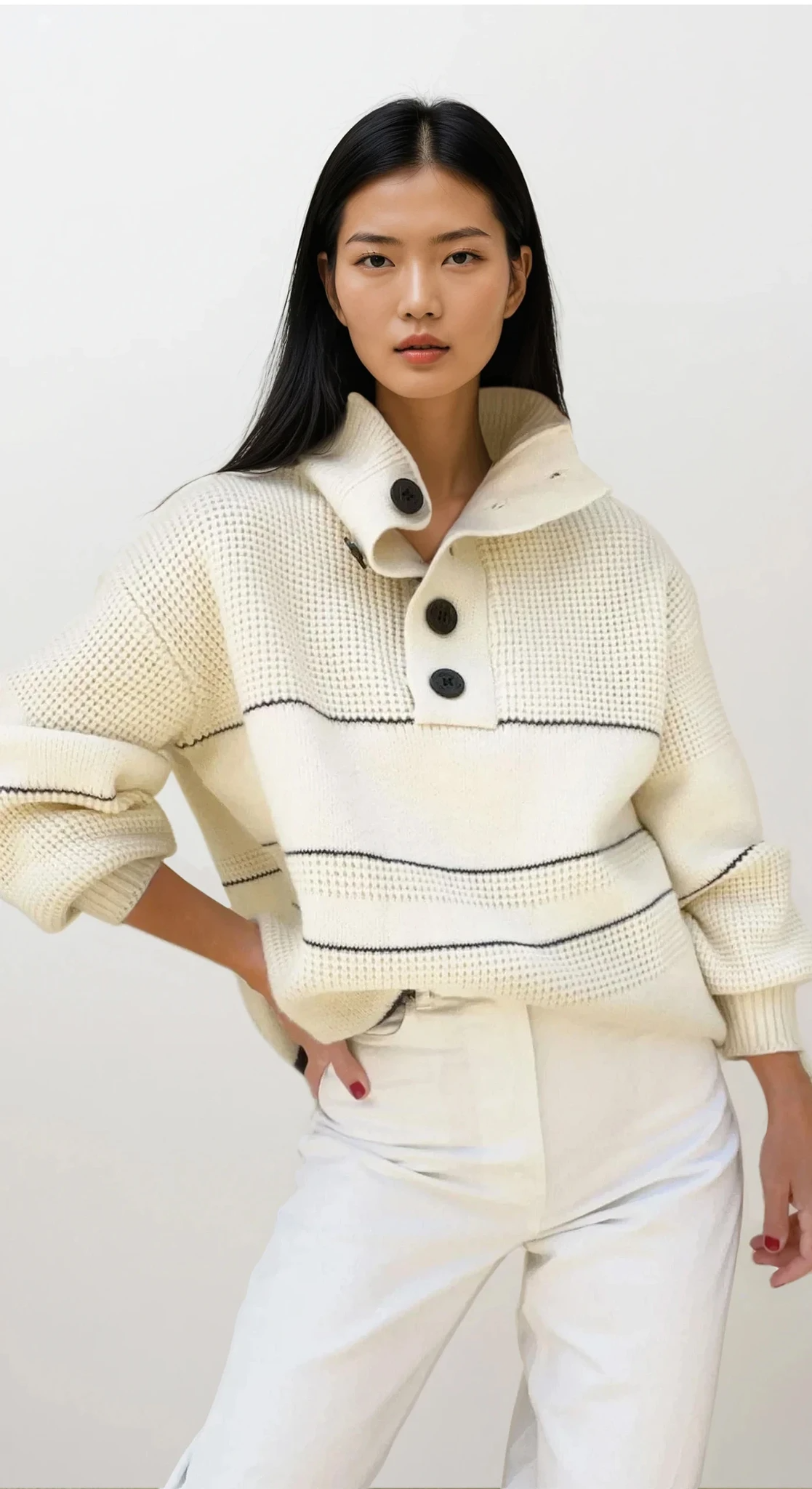 Waffle-knit half button long sleeve sweater with striped pattern