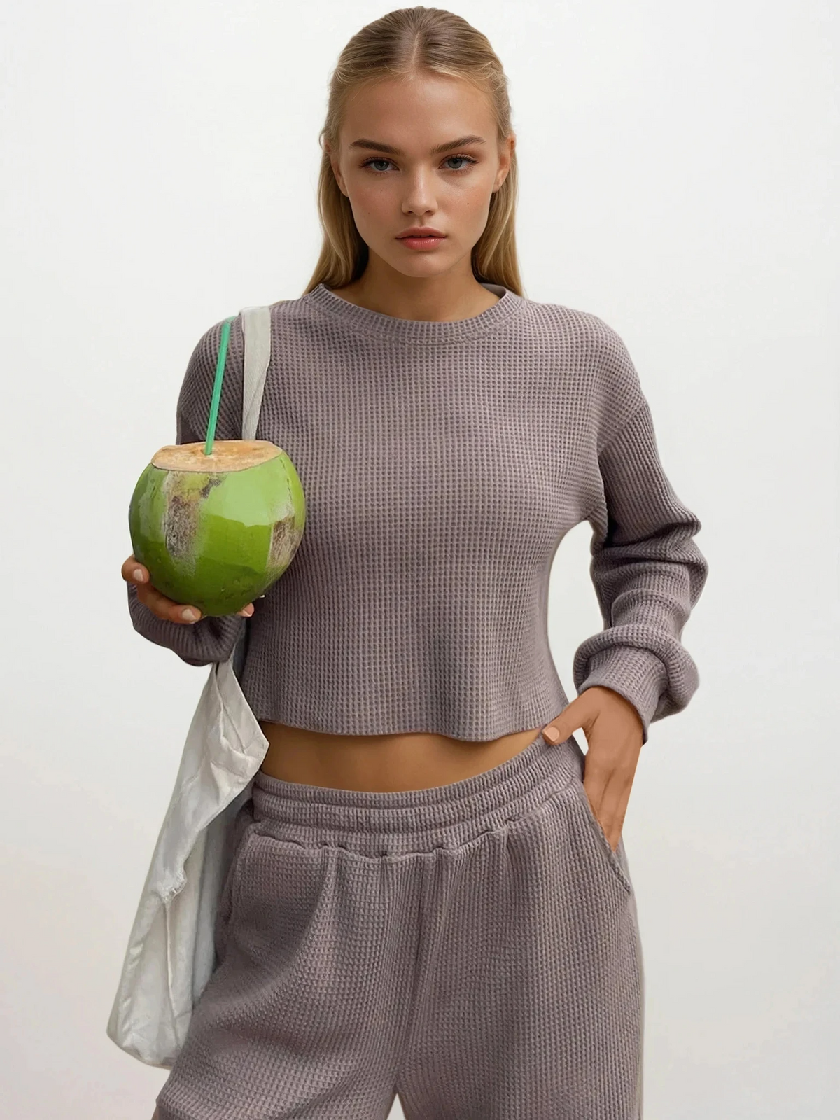 Waffle-knit round neck top and pant set in solid color