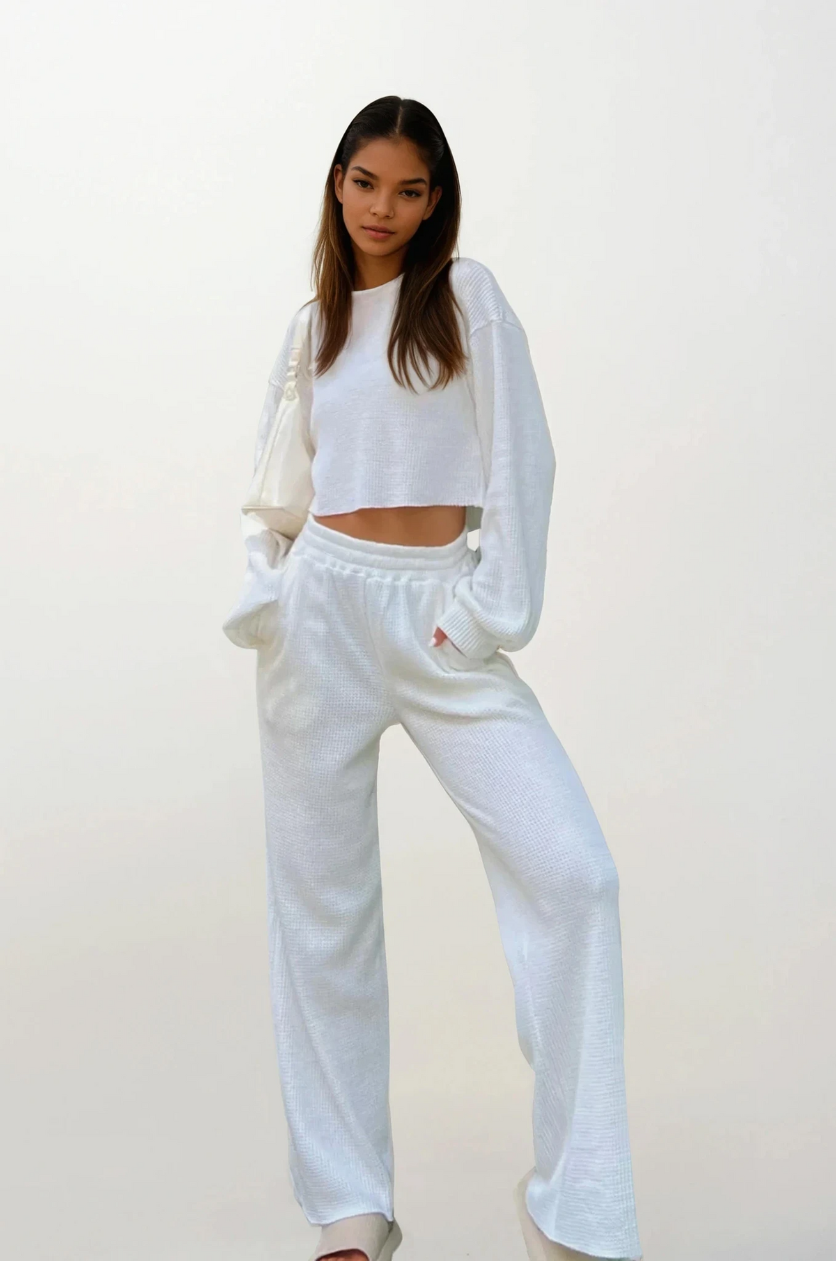 waffle-knit round neck top and pant set with stretchy fabric