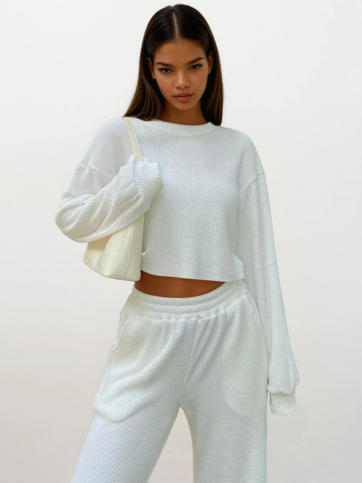 Waffle-knit round neck top and pant set in soft lightweight fabric