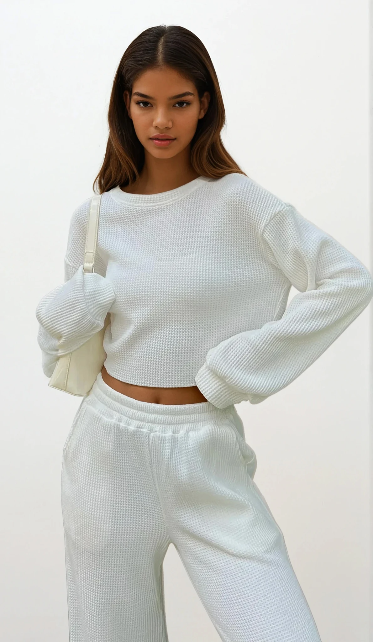 Waffle-knit round neck top and pant set in solid color