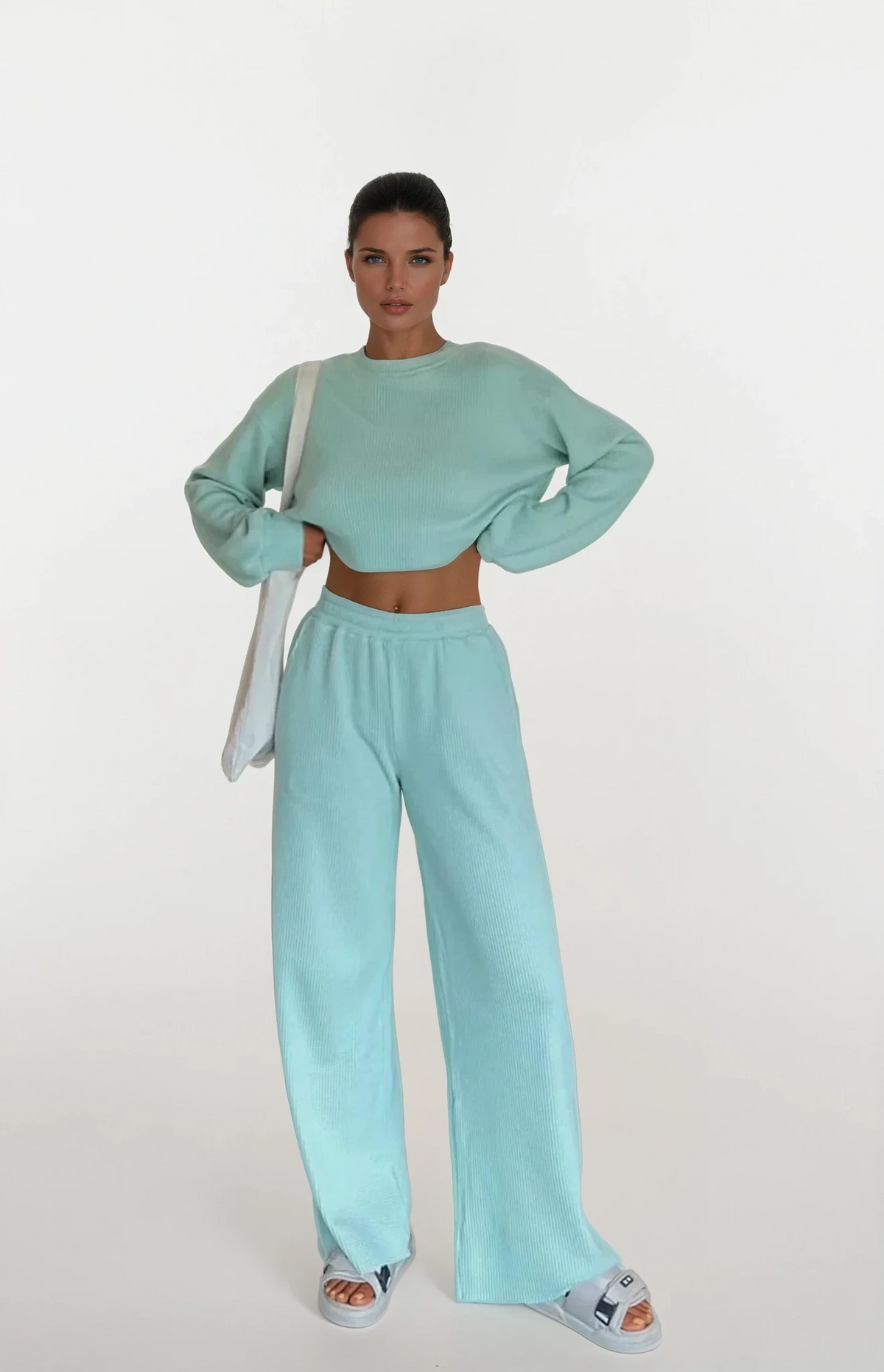 Waffle-knit round neck two-piece top and pant set in solid color
