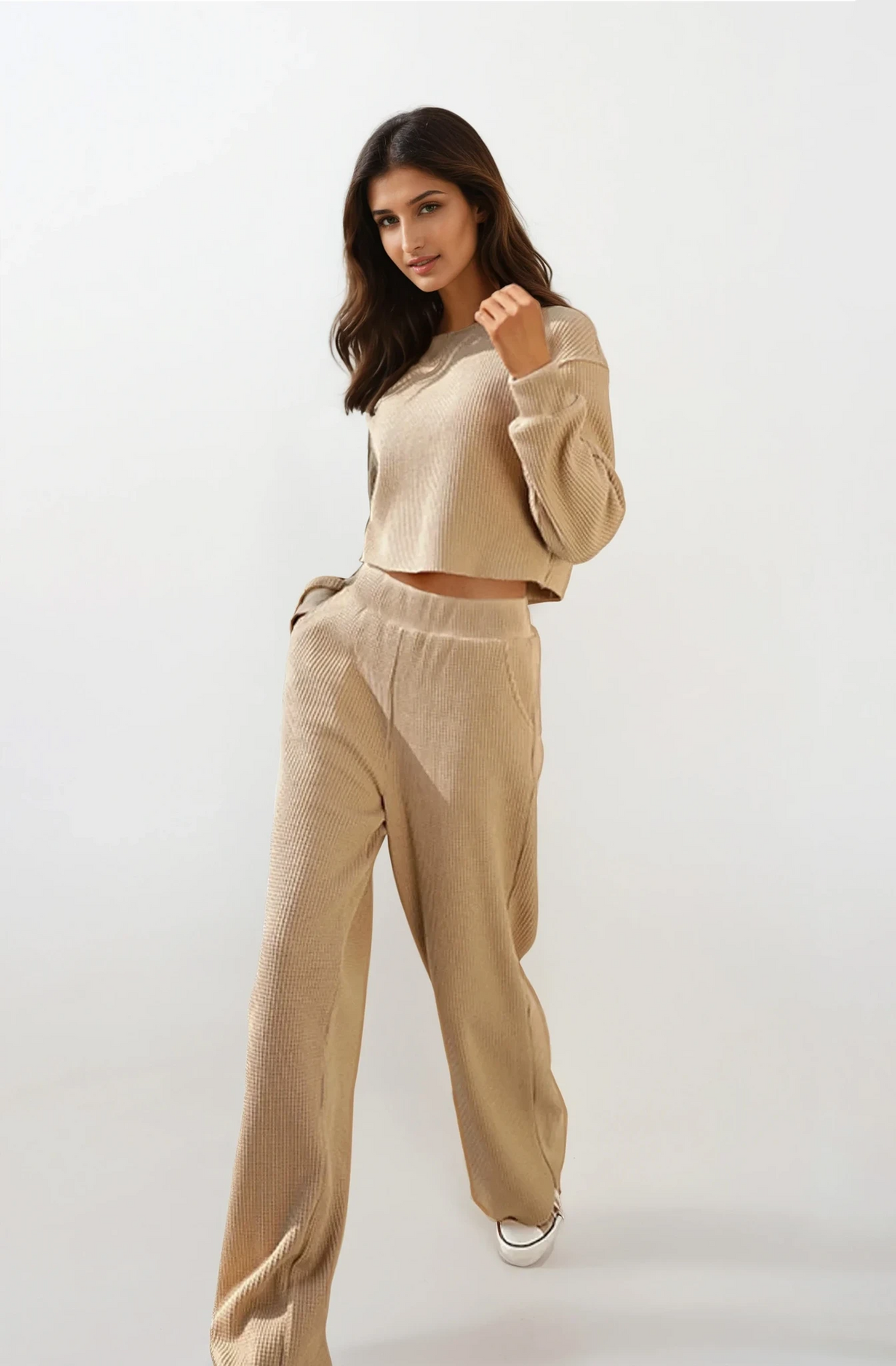 Waffle-knit round neck top and pant set in solid color