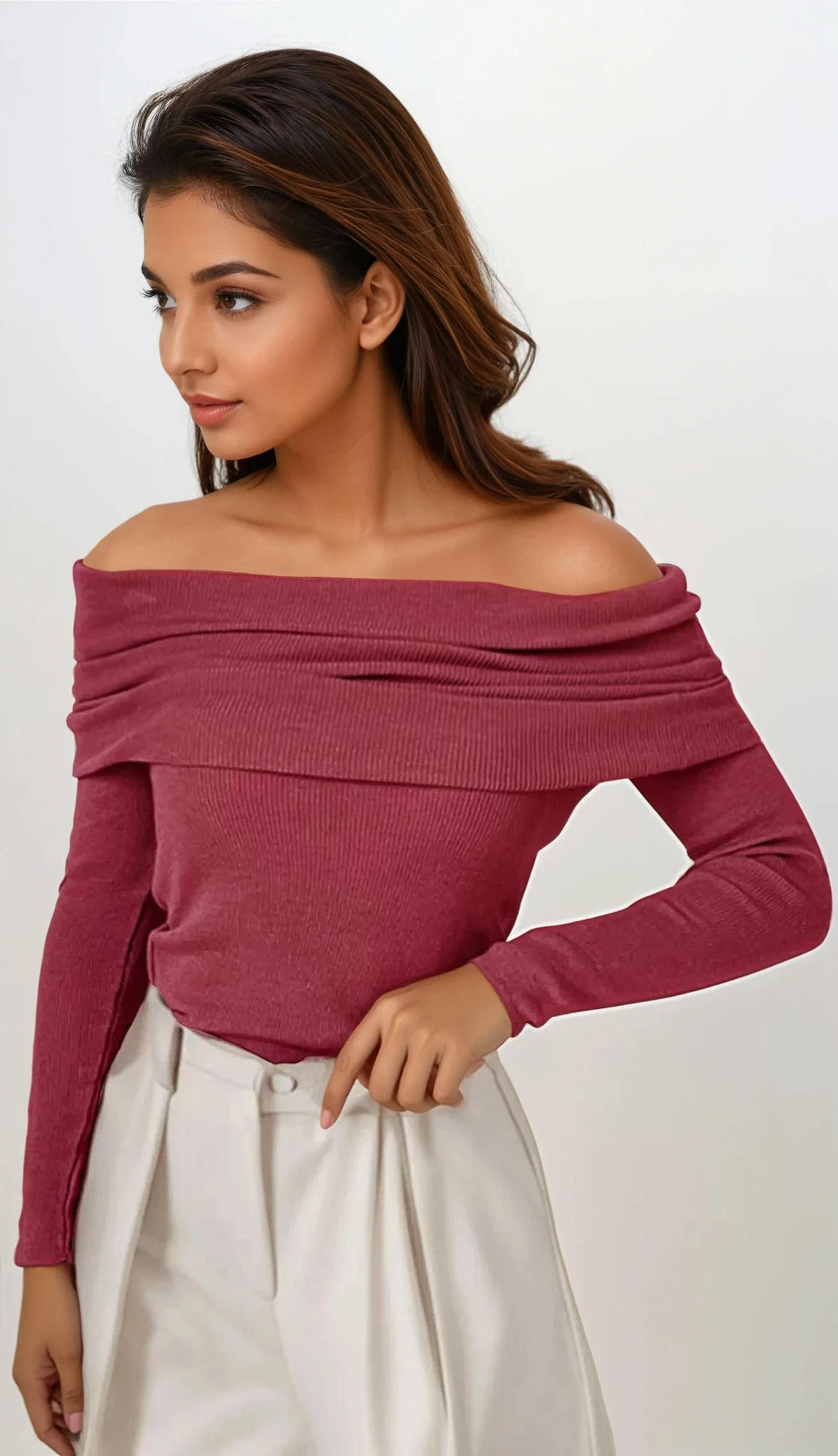 Lightweight off-shoulder long sleeve sweater in solid pattern