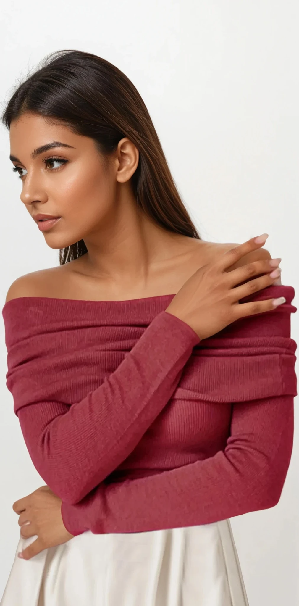 Weightless off-shoulder long sleeve sweater in solid pattern