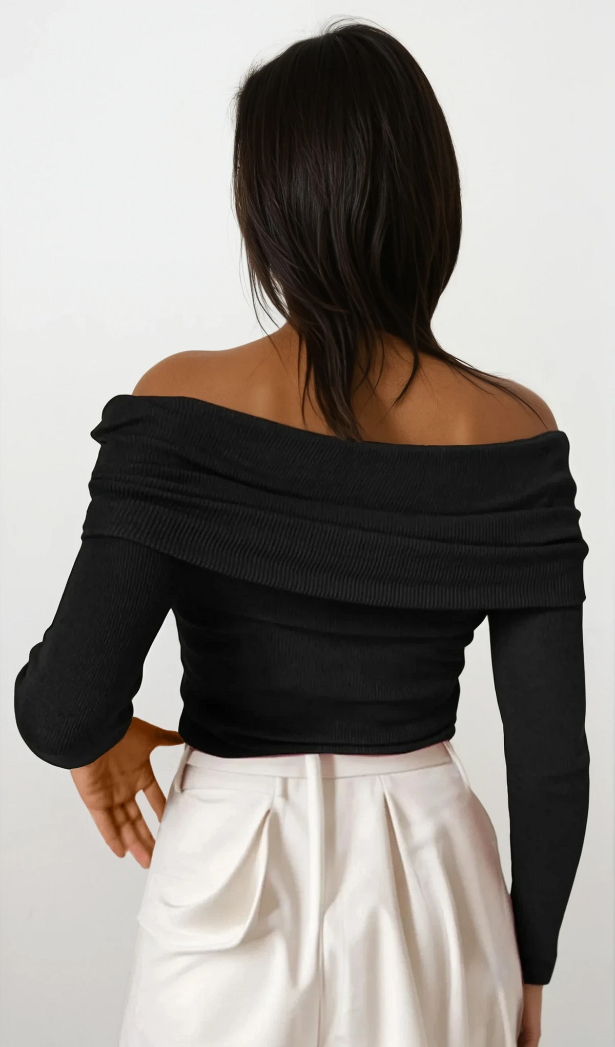 Weightless off-shoulder long sleeve sweater in solid pattern