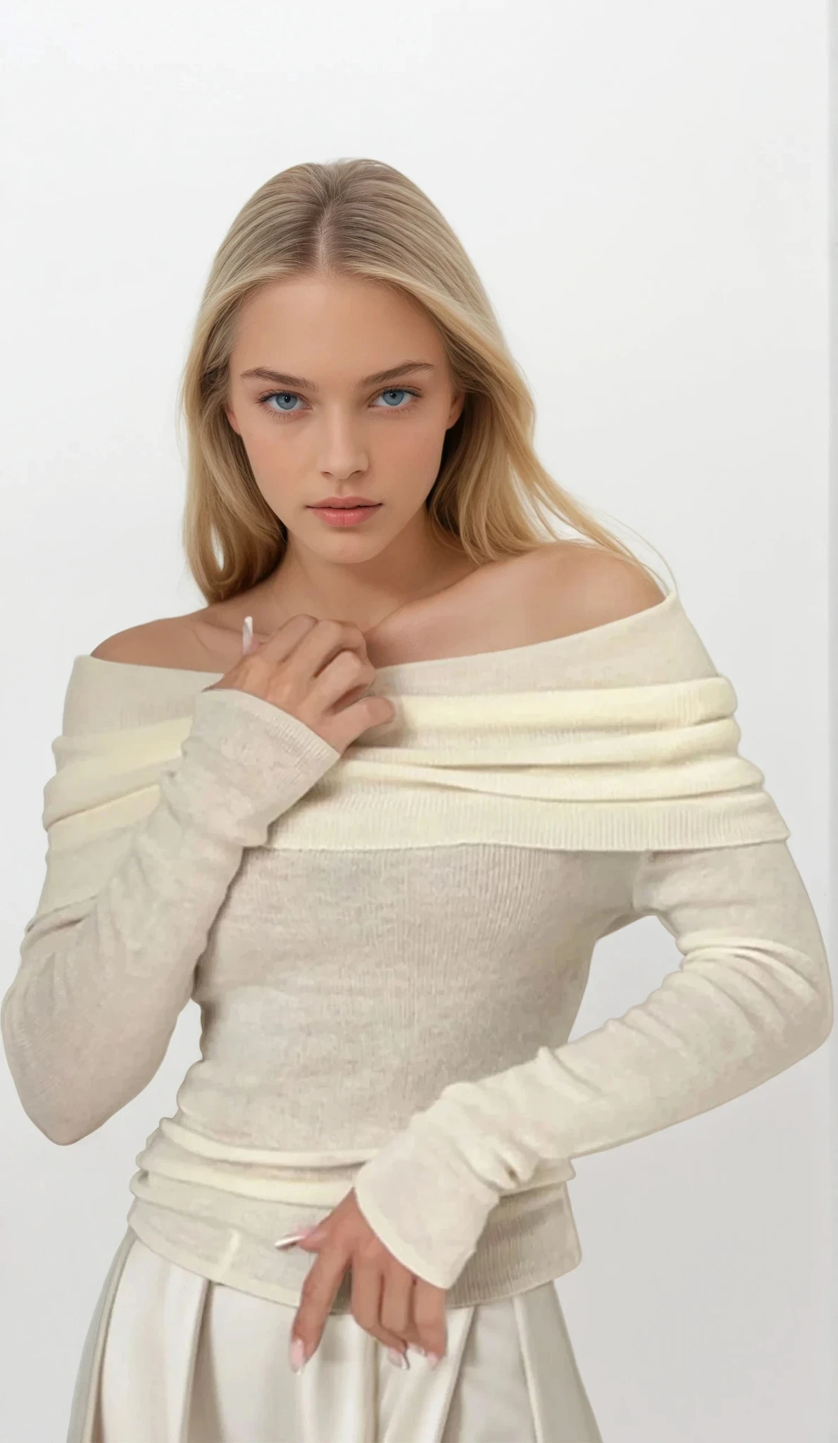 Weightless off-shoulder long sleeve sweater in solid pattern
